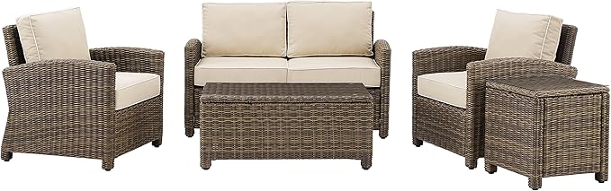 Crosley Furniture Bradenton 5-Piece Outdoor Loveseat Patio Furniture Set, Wicker Conversation Sets for Porch, Brown with Sand Cushions