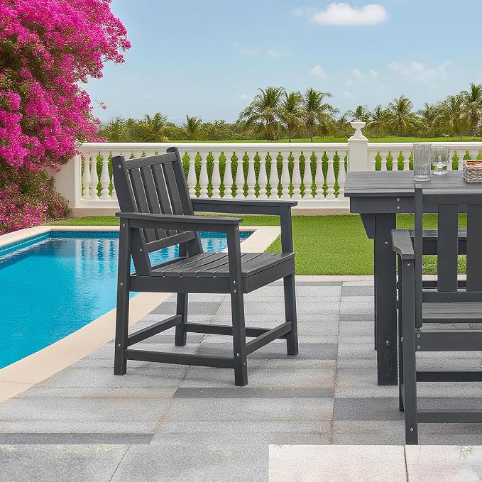 All-Weather Outdoor Chairs, 2-Piece Patio Dining Chairs with Backrest and Armrest, 300 lbs Support HDPE Dining Chair Furniture for Garden, Deck, Porch, Black