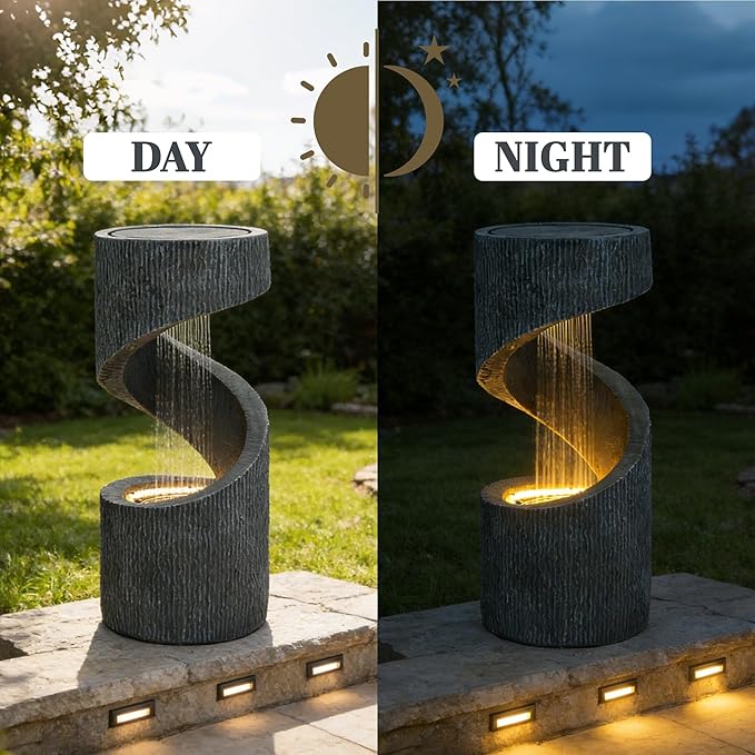 32" Outdoor Water Fountain with LED Light, Modern S-Shaped Spiral Column Fountain, Floor-Standing Resin Curved Fountains, Freestanding Waterfall for Garden, Patio, Backyard (Gray)