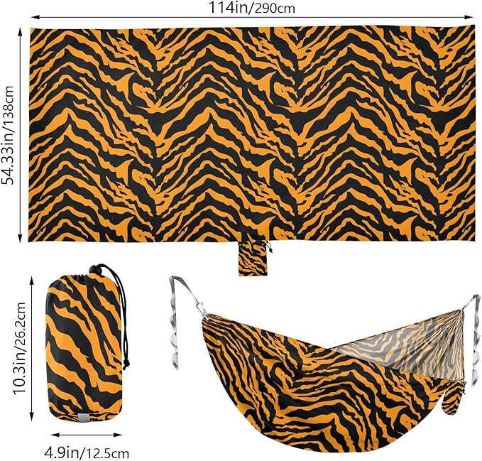 Camping Hammock Outdoor Hammocks for Outside Tiger Stripe Beach Trees Portable Lightweight with Pockets Tree Straps Indoor