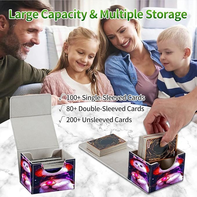 Card Deck Box for MTG, Cards Storage Box Fits 120+ Sleeved, Leather Small Size Strong Magnetic Closing Card Case for Board Games Magic TCG CCG Baseball Collection, Purple White Cat