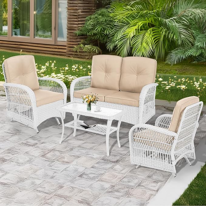 MEETWARM 4 Pieces Outdoor Wicker Patio Conversation Sets with Glider Loveseat, 2 Chairs with Coffee Table Wicker Rocking Glider Set, Rattan Conversation Set with Thickened Cushions, White/Beige