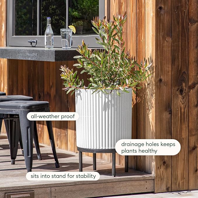 Veradek Demi Series Round Planter w/Stand for Porch/Patio | Durable Plastic-Stone Composite & Wooden Stand | Modern Décor for Tall Plants, Flowers