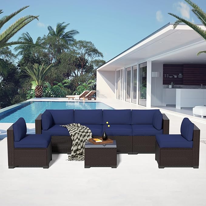 YLGJ&TIDY 7-Piece Outdoor Sectional Patio Furniture Set,Waterproof Patio Furniture with Metal Frame,All-Weather Wicker Rattan Sofa,Perfect for Garden Poolside Backyard (7, Darkbrown&Navy Blue)