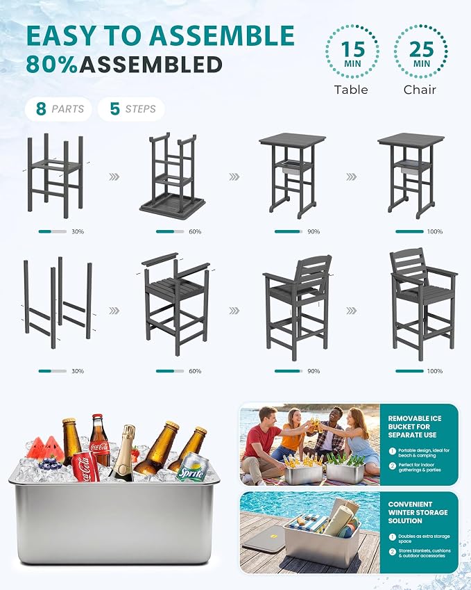 SERWALL Balcony Adirondack Chairs and Table 3 Pieces Set, HDPE Bar Height Chairs Set of 2 and Bar Table with Ice Bucket, Outdoor Bar Stools Set for Bistro, Poolside, Backyard, Grey
