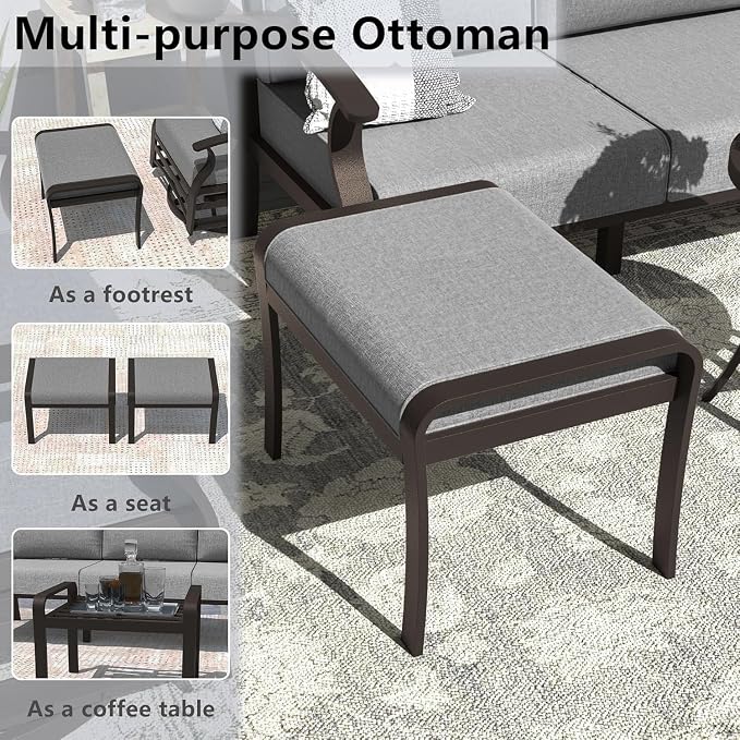 Aluminum Outdoor Patio Furniture Set,7 Seats Patio Conversation Sets with 2 Ottomans,Metal Patio Sectional Furniture Set with 2 Swivel Rocking Chairs,Grey