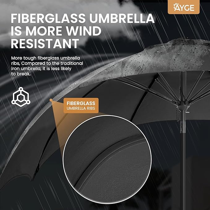 Ayge 7.5FT Large Outdoor Patio Umbrella Market Table Umbrella-UV Resistant, Easy Push Button Tilt and Crank, 6 Sturdy Fiberglass Ribs Heavy-Duty Pool Umbrella for Deck, Backyard,Garden, Yard,Black