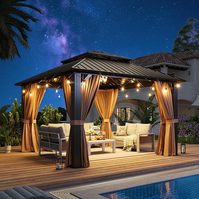 Aoxun 12’x12’ Outdoor Gazebo, Heavy Duty Canopy Pavilion with Ventilated Double Roof, Patio Pergola with Netting and Curtains for Backyard, Garden, Deck (Brown)