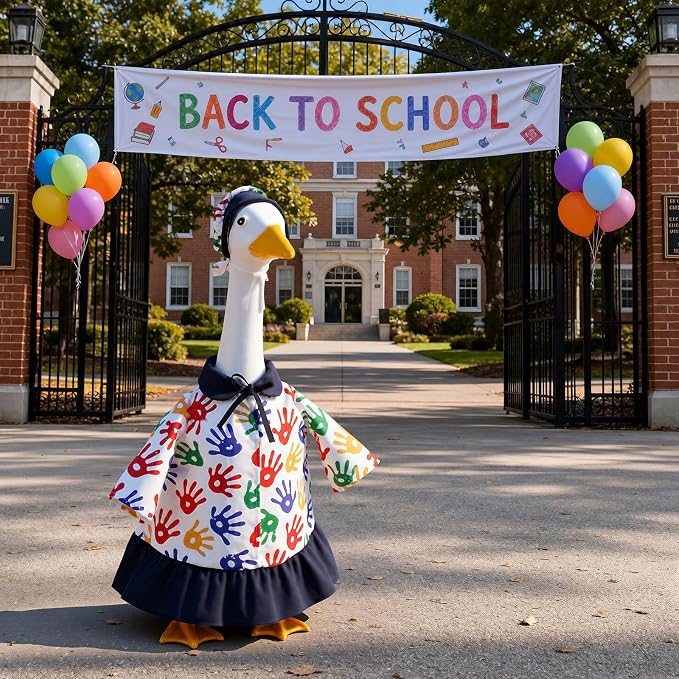 Outus Art Back to School Porch Goose Outfits Includes Colorful Handprint Dress Hat First Day of School Classroom Goose Clothing for Outdoor Garden Yard Patio Lawn 23" Statue
