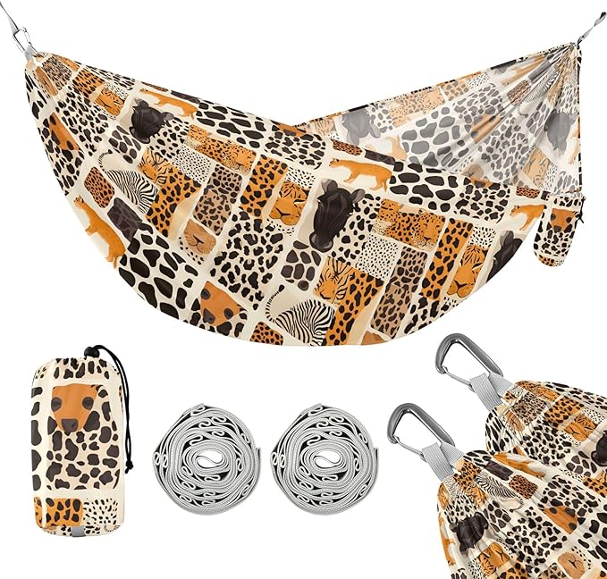 Camping Hammock Outdoor Hammocks for Outside Leopard Zebra Tiger Animal Skins Beach Trees Portable Lightweight with Pockets Tree Straps Indoor