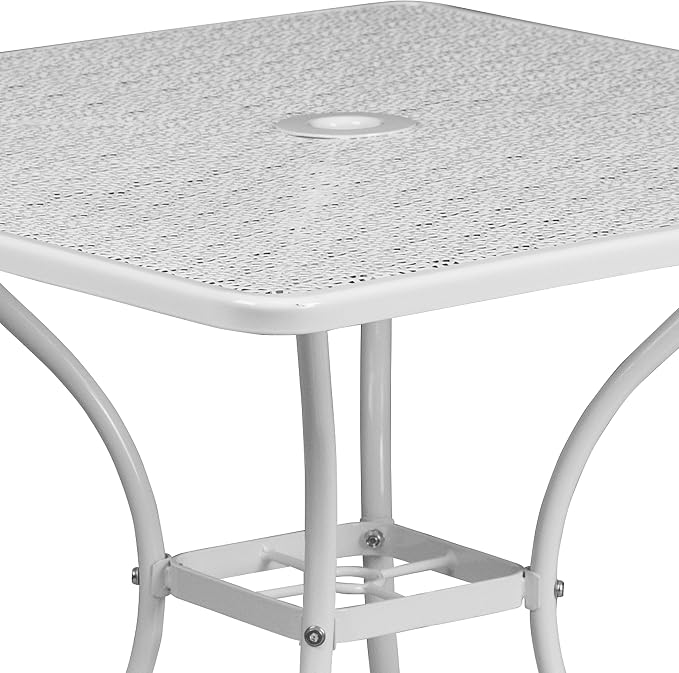 BizChair Commercial Grade 35.5" Square White Indoor-Outdoor Steel Patio Table with Umbrella Hole