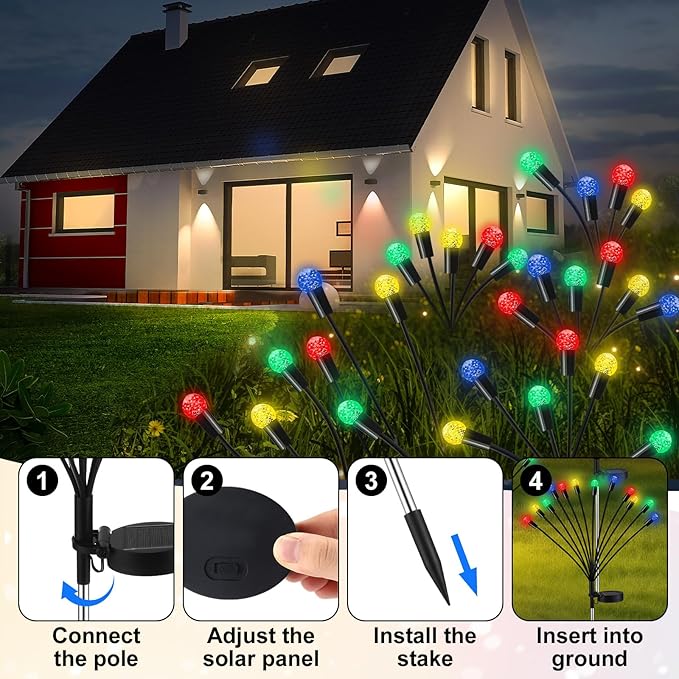 Rossesay Solar Lights Outdoor Decor for Garden Summer, 4 Pack 48 LED Multicolor Firefly Solar Light, Swaying Lights Outdoor Waterproof, Garden Decorative for Yard Patio Pathway Lawn Decor