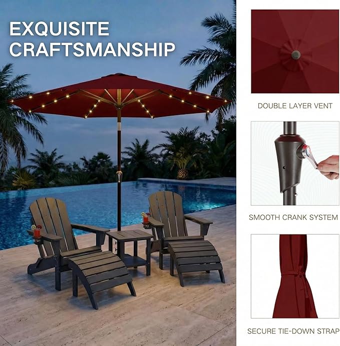 Kingdura 10FT Outdoor Patio Umbrella with Solar Lights, Market Table Umbrella with Push Button Tilt & Crank, 8 Sturdy Ribs, 32 LED Lights, UV Protection for Garden Lawn Deck Backyard Pool (Dark red)