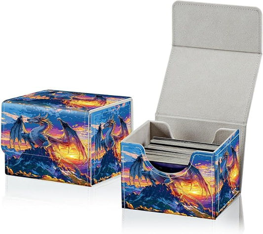 Card Deck Box for MTG, Cards Storage Box Fits 120+ Sleeved, Leather Small Size Strong Magnetic Closing Card Case for Board Games Magic TCG CCG Baseball Collection, Mountain Sunset Dragon