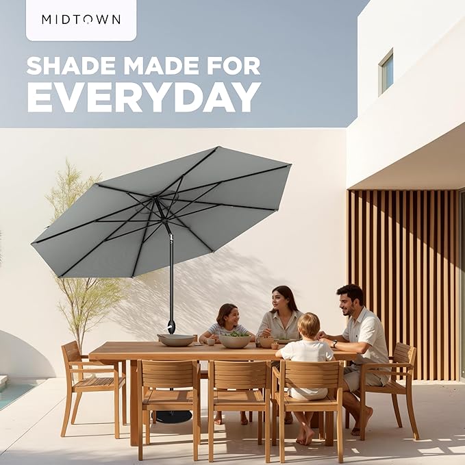Midtown Umbrellas 10-Year-No-Fade - 9 Ft - UV Proof Matter Grey Polyester Fabric - Umbrella Outdoor Patio, Auto-Tilt Aluminum Frame Patio Umbrella for Garden, Pool & Deck - Black Pole