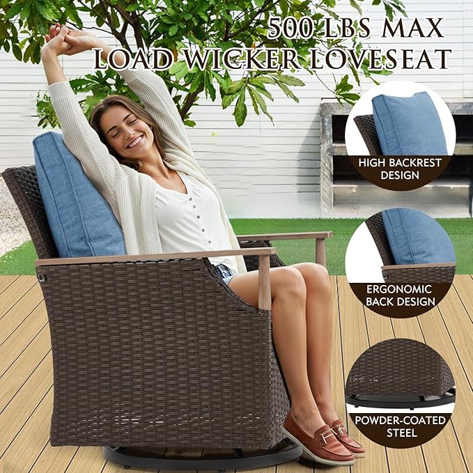 MELLCOM Patio Swivel Glider Rocker Chairs Set Wicker 5 Piece Patio Furniture Set Rocking Bistro Set with Tempered Glass Side Table and 2 Ottoman, for Backyard Garden Patio Porch (Blue, 5pcs)