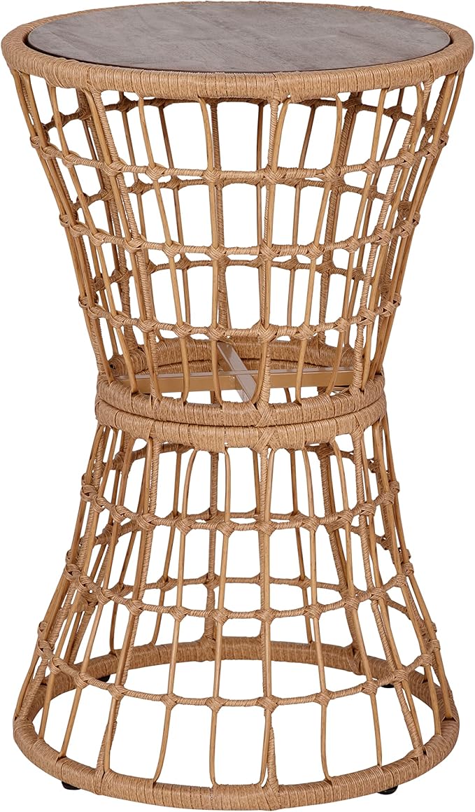 EMMA + OLIVER Ari Indoor/Outdoor Patio Table - Natural Finish Faux Rattan Rope - Acacia Wood Top - Powder Coated Steel Frame - 200 lb. Static Weight Capacity