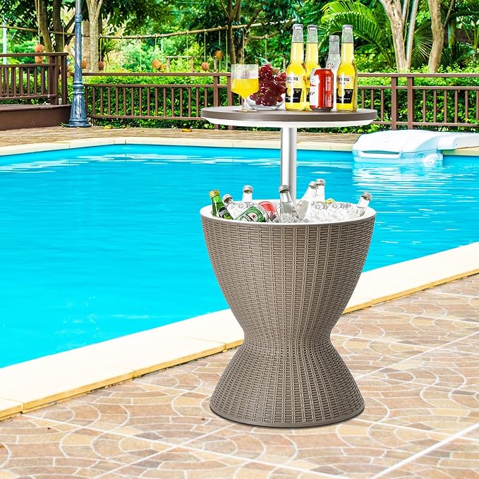 COSTWAY Outdoor Cool Bar Table, 8 Gallon Beer and Wine Cooler, Height Adjustable Rattan Style Cocktail Patio Bar Tables, 3-in-1 Ice Cooler with Drainage Plug for Deck, Pool, Party, Beach (Coffee)