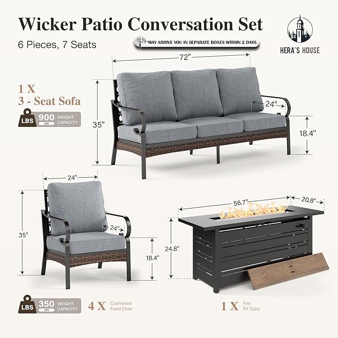 HERA'S HOUSE 6 Piece Metal Patio Furniture Set with 56" Fire Pit Table, All Weather Outdoor Conversation Set, 3 Seat Sofa, 4 Fixed Chairs with Cushions, Seats 7 for Backyard, Garden, Deck, Grey