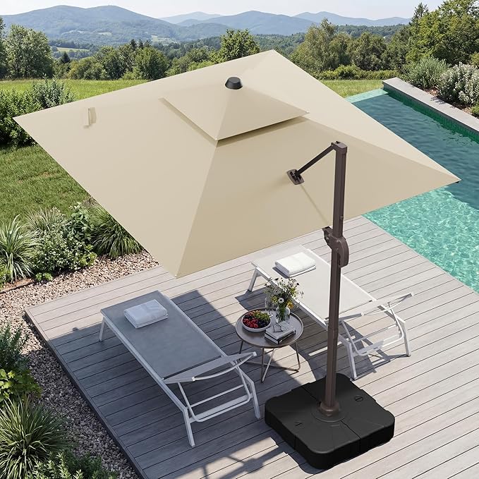 GENTEACO 10X10 FT Cantilever Umbrella with Base Included, Large Offset Patio Umbrella with Double Top, 6 Angle Tilts & 360° Rotation, Large Square Sun Umbrellas for Outdoor Pool Market, Beige