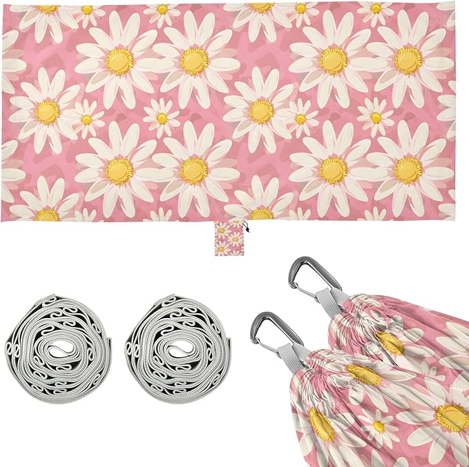 Portable Single Hammock Pink Pattern White Daisy Garden Yard Outdoor Hammocks