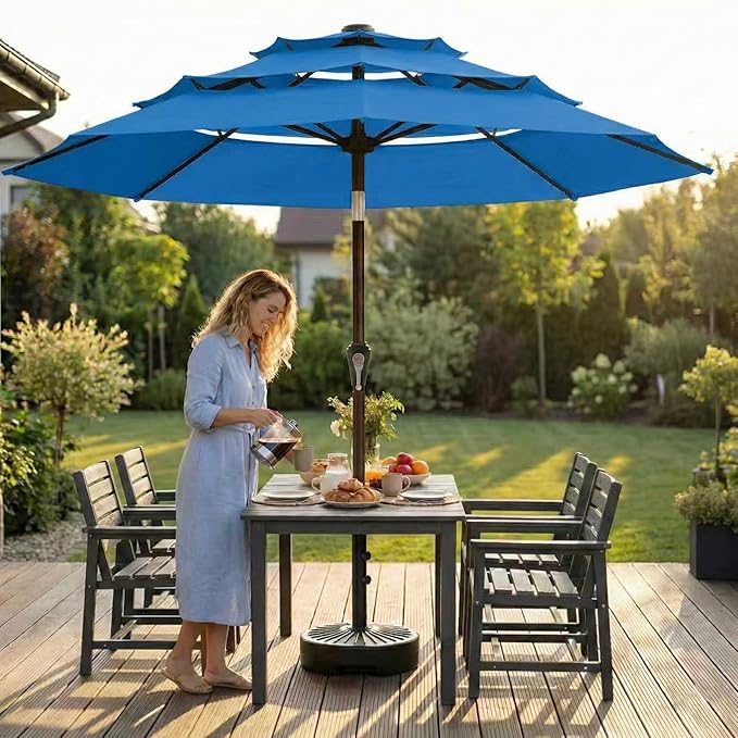 10ft 3-Tier Patio Umbrella with 32 Solar Powered LED Lights, Windproof Outdoor Market Umbrella for Deck, Poolside & Garden, Sturdy Push-Button Tilt Table Umbrella, Royal Blue