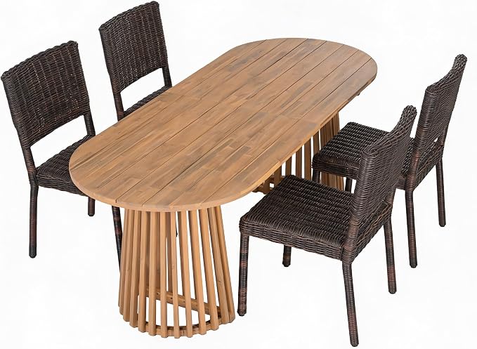Christopher Knight Home Farley Acacia Wood Outdoor Dining Set for 4, 5 Piece Patio Dining Table and Chair Set, Faux Rattan Outdoor Dining Chair and Table Set, Brown