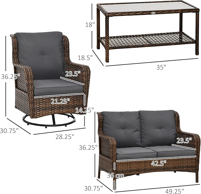 Outsunny 4 Piece PE Rattan Outdoor Patio Furniture Set, Wicker Conversation Set with 2 Swivel Glider Chairs, 2-Tier Glass Table and Loveseat for Garden, Patio, Poolside, Gray