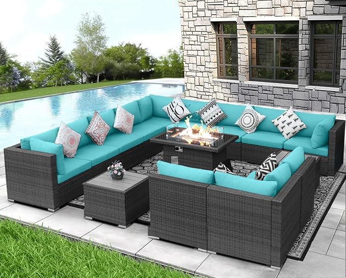 NICESOUL 15 Piece Outdoor Patio Furniture Set with Fire Pit, Extra Large Wide Outdoor Deep Seated Sectional, Cozy 29.3'' High-Back Modular Couch, 500 Lbs High Weight Capacity Wicker Sofa, Gray & Teal