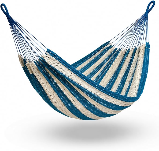 Hammock for 1-2 Person, 475 lbs Capacity – Handwoven Mexican Hammock, 100% Soft Cotton – 9.8 ft Mayan Hammock for Patio, Backyard, Indoor & Camping – Medium, Light Blue