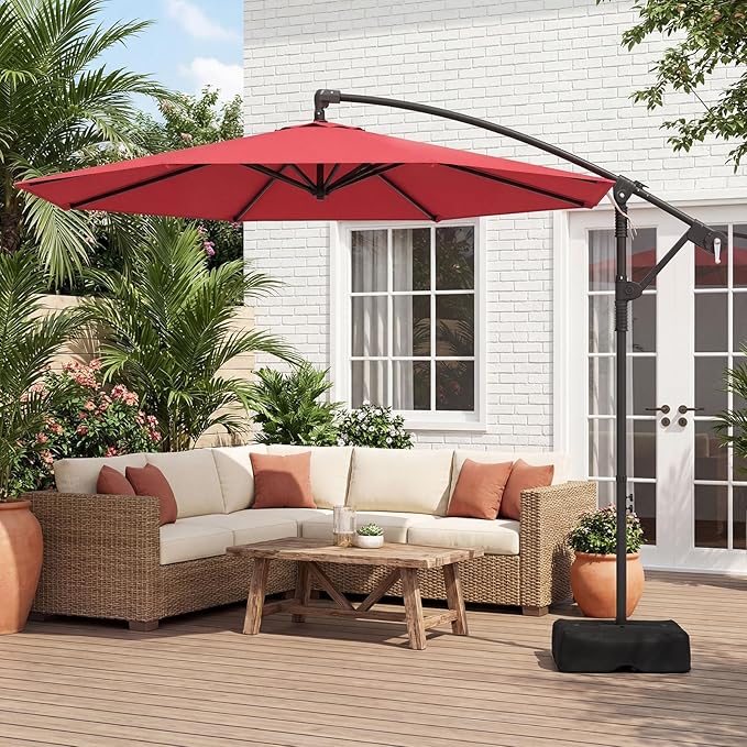 Tangkula 10ft Patio Umbrella with Base Included, Offset Cantilever Outdoor Umbrella with 360 Degree Rotation, Crank Handle, Sun-Protective Canopy for Pool Deck Garden Backyard (Red)