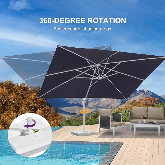 PURPLE LEAF 10' × 13' Patio Umbrella With Base White Cantilever Umbrella Square Outdoor Offset Umbrella Windproof with 360° Rotation for Garden Deck Pool, Navy Blue