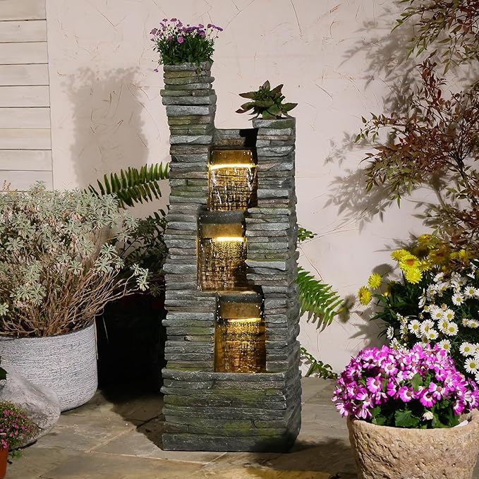 Bumilgar 47" H Garden Water Fountain Outdoor with LED Lights & Pump, 3-Tier Cascading Outdoor Fountain for Garden,Patio,Porch,Backyard,Home Art Decor (Gray)