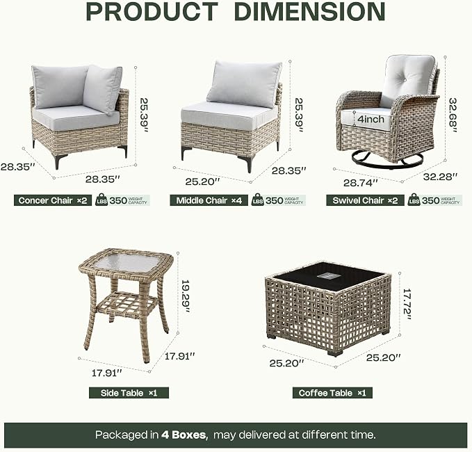 10 Pieces Patio Furniture Set, Outdoor Conversation Set with 360°Swivel Rocker Chairs, Wicker Sectional Sofa & Solar Coffee Table, High Back Outdoor Furniture L Shaped Couch for Porch Deck,Light Gray