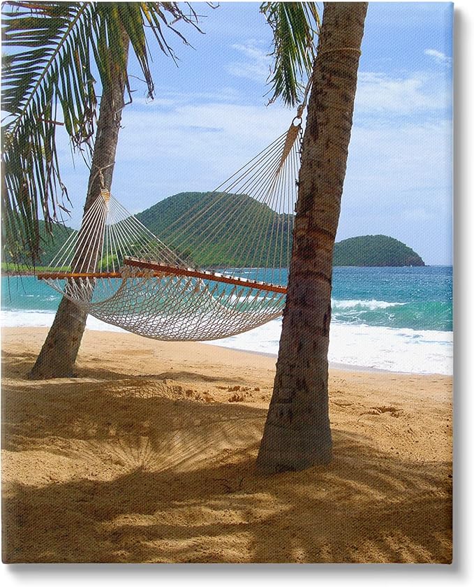 Stupell Industries Tropical Summer Vacation Hammock Between Palm Trees, Design by Noah Bay, Gallery Wrapped Canvas, 16 x 20