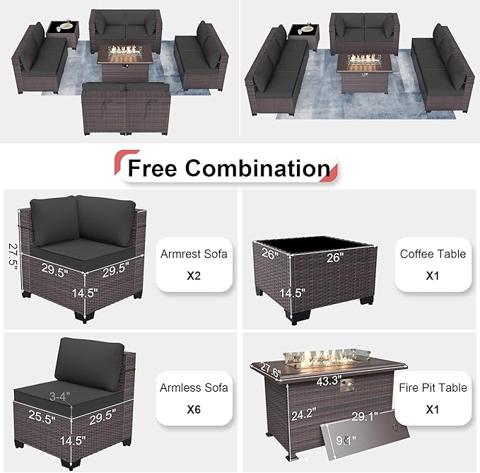 Patio Furniture Sectional Sofa 10PCS PE Rattan Patio Conversation Set w/43in Gas Fire Pit Table, Patio Outdoor Furniture with 4 Inch Thickened Cushions and Glass Coffee Tables, Grey