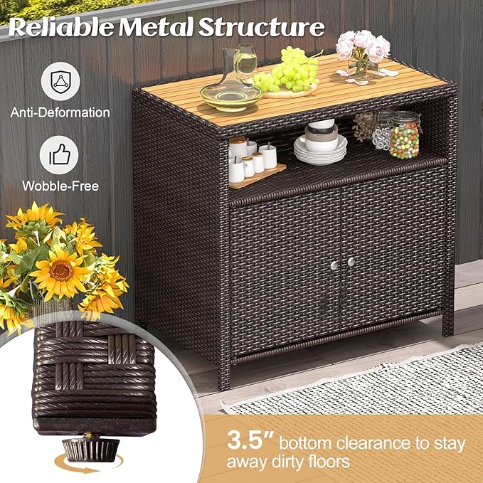 RELAX4LIFE Wicker Outdoor Bar Cabinet - PE Rattan Patio Bar Table w/Acacia Wood Countertop, Open Shelf & 2 Doors, Buffet Sideboard Organizer for Garden Backyard Pool, Outside Storage Cabinet (Brown)