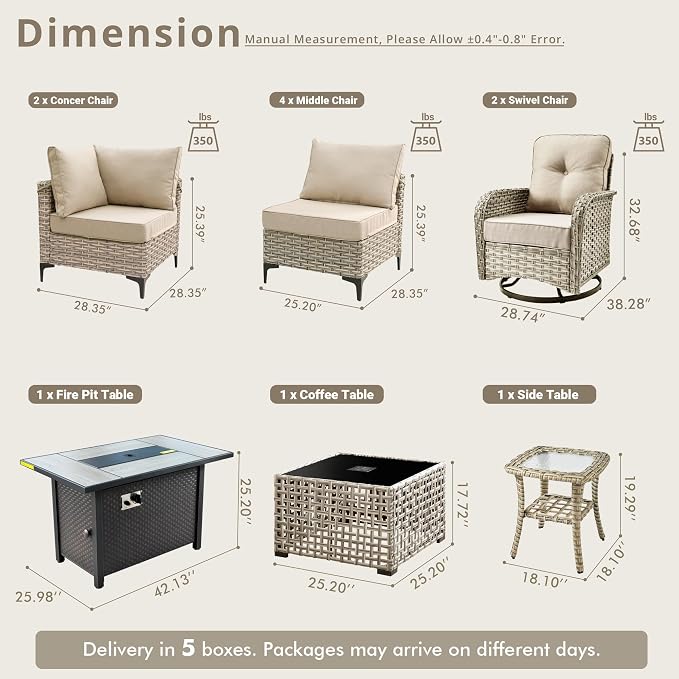 11 Pieces Patio Sectional Furniture Set, Outdoor Wicker Sectional Couch with Firepit Swivel Rocker Chairs Solar Lights Table, Modern Conversation Set for Porch Balcony Backyard, Beige