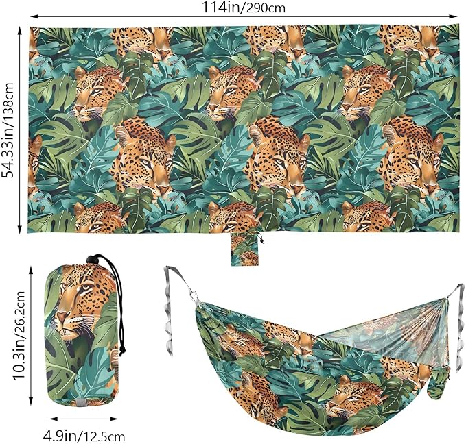 Camping Hammock Outdoor Hammocks for Outside Leopard Tropical Leaves Beach Trees Portable Lightweight with Pockets Tree Straps Indoor Small