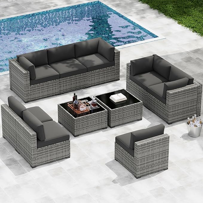 LazySunsets 10-Piece Patio Furniture Set, Wicker Rattan Outdoor Furniture with Thick Cushions, Patio Conversation Sets with Coffee Table, Outdoor Sectional Couch Sofa with Waterproof Cover, Black