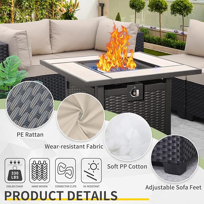 WAROOM Outdoor 5 Piece Patio Furniture Set, Black Rattan Conversation Couch Resin Wicker Sectional Sofa Outside Chair with Propane Fire Pit Table, Khaki Cushion