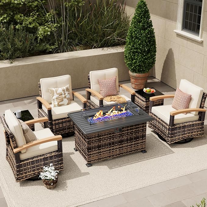 MEISSALIVVE 7 Pieces Patio Furniture Sets with Fire Pit Table, Wicker Outdoor Conversation Sets with 4 Swivel Rocker Chairs and Side Table(Brown)