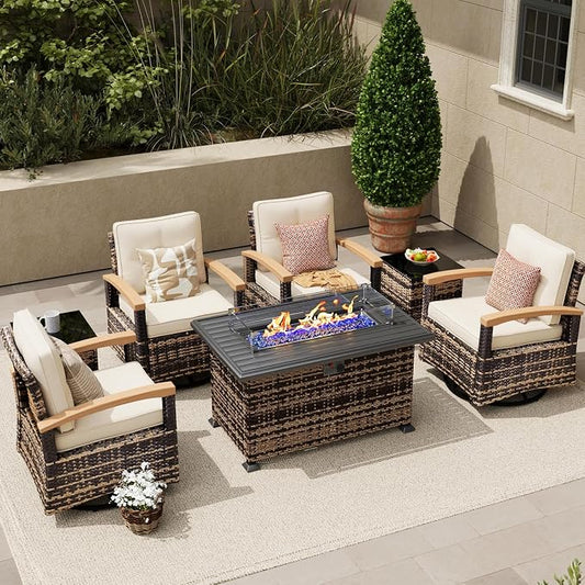 MEISSALIVVE 7 Pieces Patio Furniture Sets with Fire Pit Table, Wicker Outdoor Conversation Sets with 4 Swivel Rocker Chairs and Side Table(Beige)