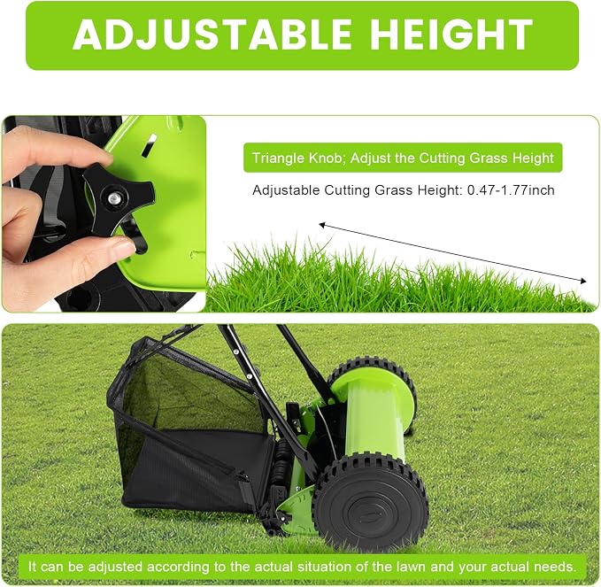 12 inch Push Reel Lawn Mower with Grass Catcher Green Black Lawn Sweeper with Collection Box Adjustable Height Manual Push Lawn Mower 5-Blade Lawnmower for Gardens Lawns (12" Green Black)
