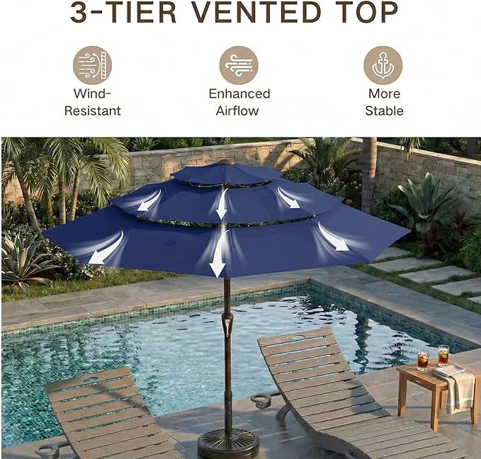 Kingdura 9ft 3-Tier Patio Umbrella, Outdoor Table Umbrella with Easy Crank & Tilt, 8 Reinforced Ribs, UV Protection for Deck, Pool, Market, Backyard (Navy blue)