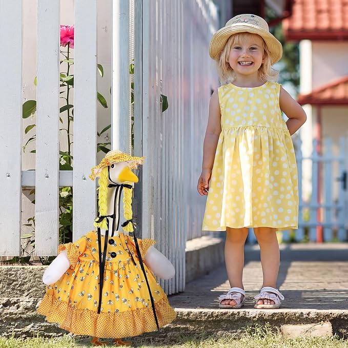 Spring Summer Yellow Bee Porch Goose Outfit for 23'' Goose Clothes Yellow Skirt with Hat for Spring Summer Outdoor Garden Yard Patio Lawn Decor(Bee)