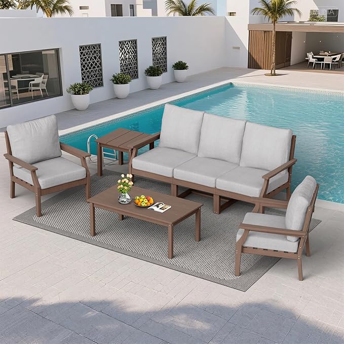 HDPE Patio Conversation Set, 7-Piece All Weather Outdoor Furniture Set with 2 Single Armchairs for Deck, Lawn, with Cushion, Brown
