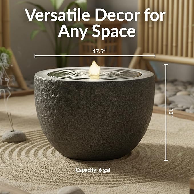 Sunnydaze Outdoor Water Fountain with LED Light - Polystone Oval Bowl Bubbler Water Feature with Pump - 12" H - for Patio, Garden, Deck, Relaxation and Stress Relief - Gray
