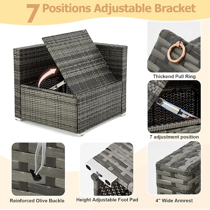 7 Piece Patio Furniture Set with Adjustable Bracket Grey Wicker Rattan Patio Conversation Sets Sectional Sofa Set with Table and Cushions for Porch Lawn Garden, Grey