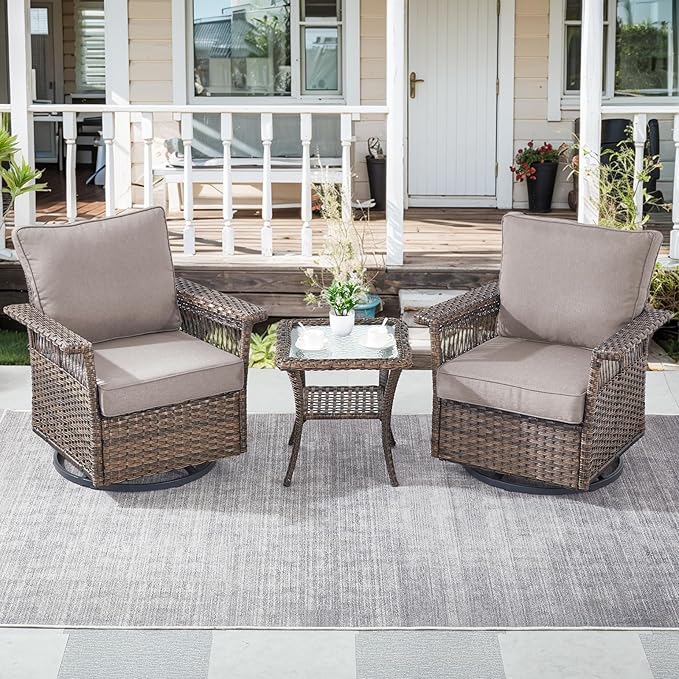 Patio Conversation Set 2 Wicker Swivel Glider Chairs with PE Rattan Side Table Set 3pcs Brown Wicker Patio Furniture with Grey Cushions Set for Garden Balcony Backyard Poolside